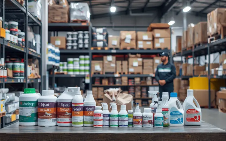 茂源仓库货架上整齐摆放的动物保健用品和宠物护理产品