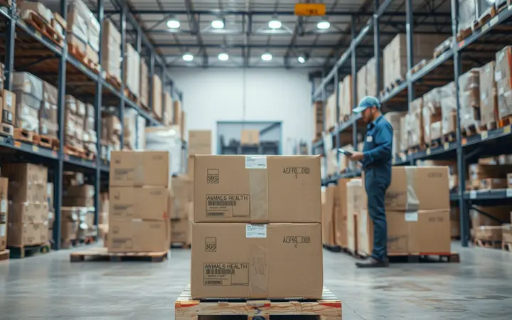 仓库配送区，打包好的动物保健用品等待发货