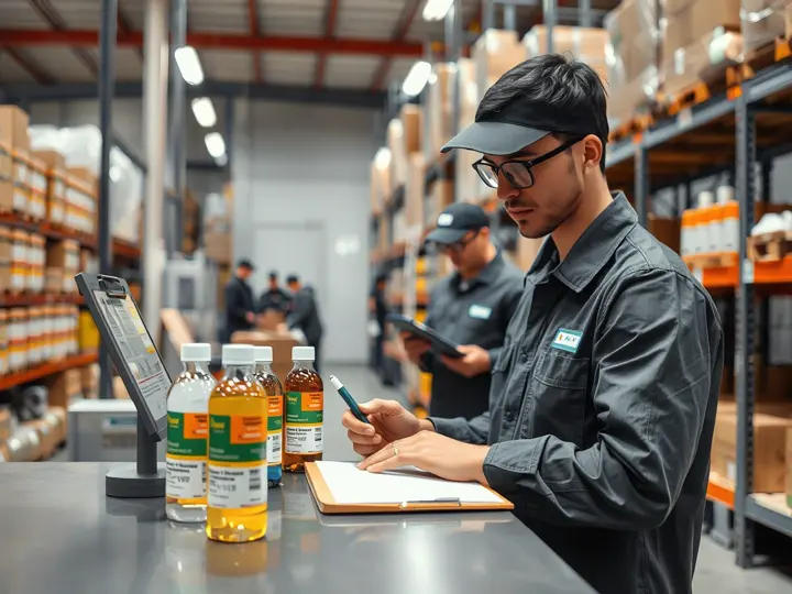 质检员正在检查动物保健用品的有效期和包装完整性