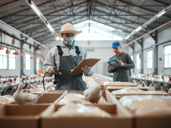 养殖场工作人员正在使用紧急采购的消毒剂进行喷洒作业