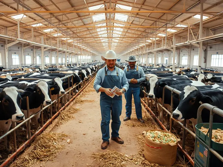 肉牛养殖场扩产场景，牛群在干净圈舍中活动